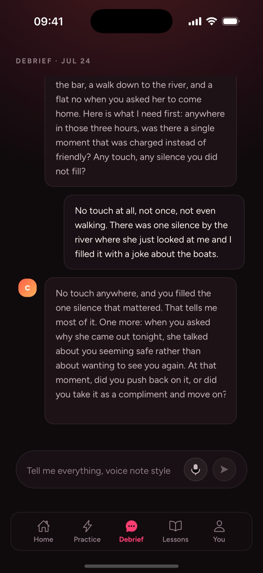 The coach asking a sharp follow-up question about the night